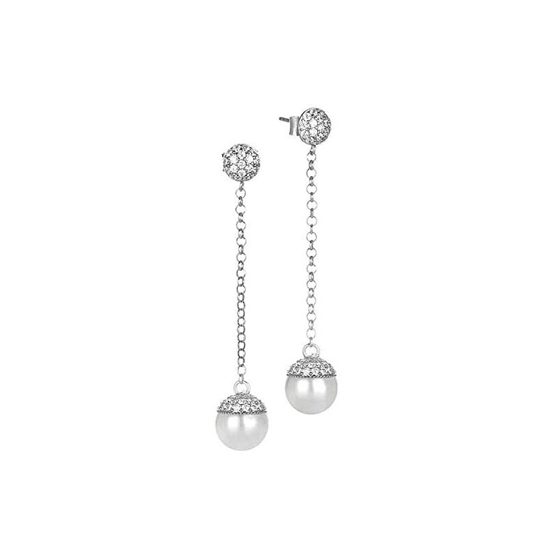 Orecchini in argento e zirconi con perla Swarovski pendente