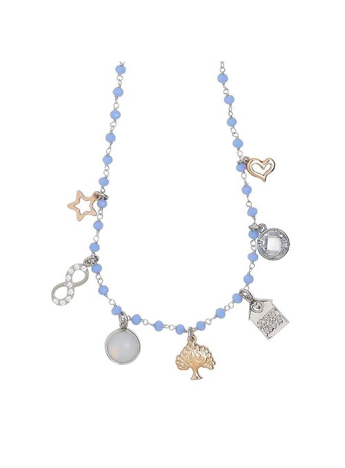Boccadamo - Collana rosario con cristalli azzurri e charms tema famiglia cod:XGR526