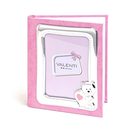Album portafoto in pelle cornice laminata in argento - orsetto con cuore colore rosa